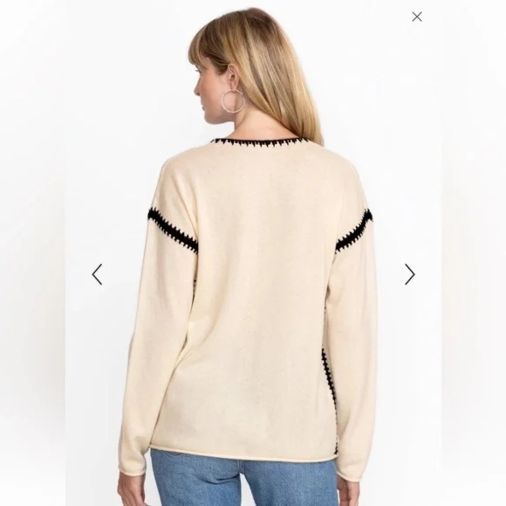 Johnny Was Cream V-Neck Sweater with Black Trim - Picture 3 of 6